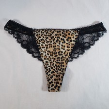 Victoria's Secret Thong Medium Black Gold Cheetah Lace Soft Satin Keyhole