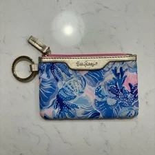 Lilly Pulitzer Pink Gold & Blue Zip Card Case Keychain Coin Pouch Wallet