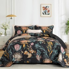 Quilt King Size Black, 3 Pcs Boho Floral Bedspread Bedding Set