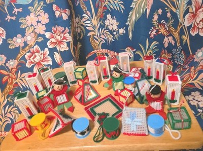 Huge Lot Of 24 Vintage Needlepoint Chrismas Ornamenfz