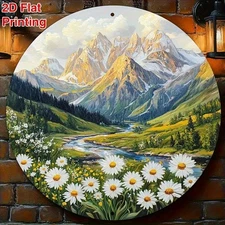2D Flat, 1pc Vintage Landscape Metal Wall Decor - Mountain River Floral Sign in
