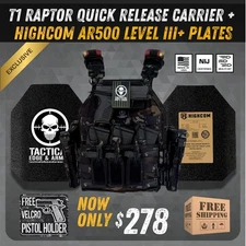 T1 Raptor Bulletproof Vest with Highcom Guardian AR500 Level III+ Plates