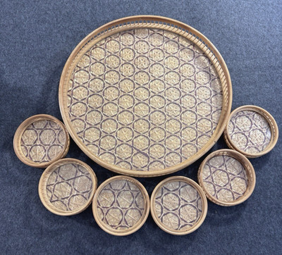 VTG Woven Bamboo Coaster & Tray Set Arylic Lined 7 Piece Set