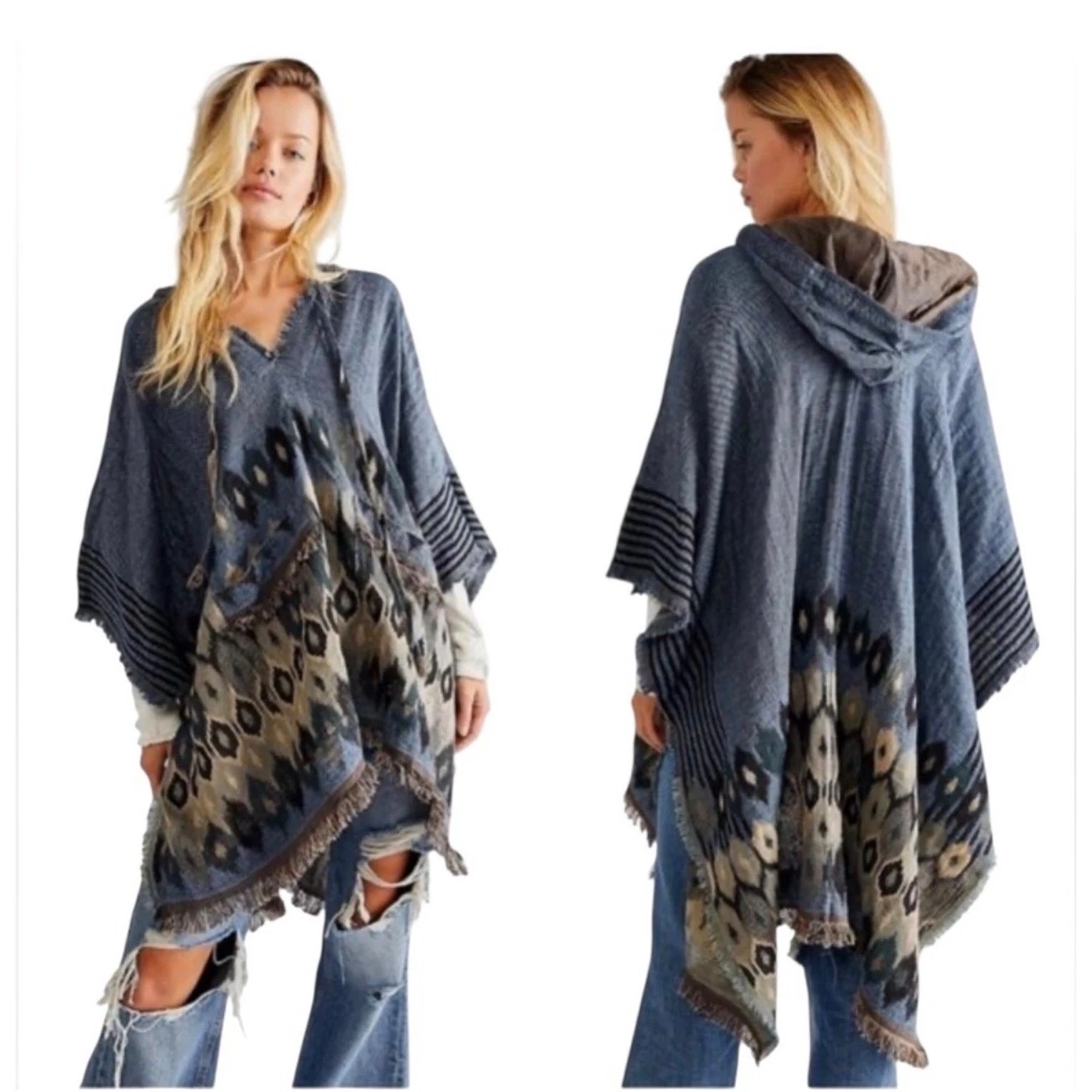 Free People The Casablanca Hooded Poncho Blue Fringe Metallic Size OS