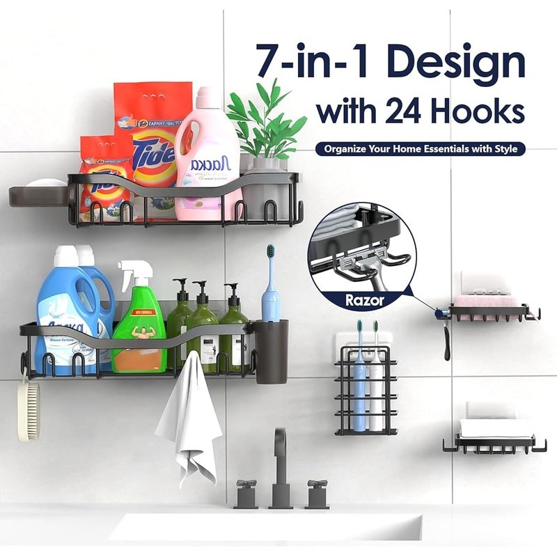 Large Capacity Shower Caddy 7 Shelves Wall Mounted Bathroom Organizer Set New