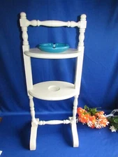 VTG CREAM COLOR WOODEN PLANT OR SMOKING STAND W BLUE GLASS ASHTRAY UNIVERSAL