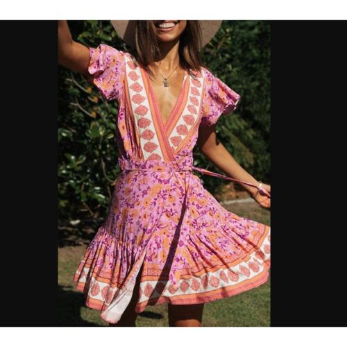 Summer Wrap V Neck Bohemian Floral Print Ruffle Swing A Line Beach Mini Dress
