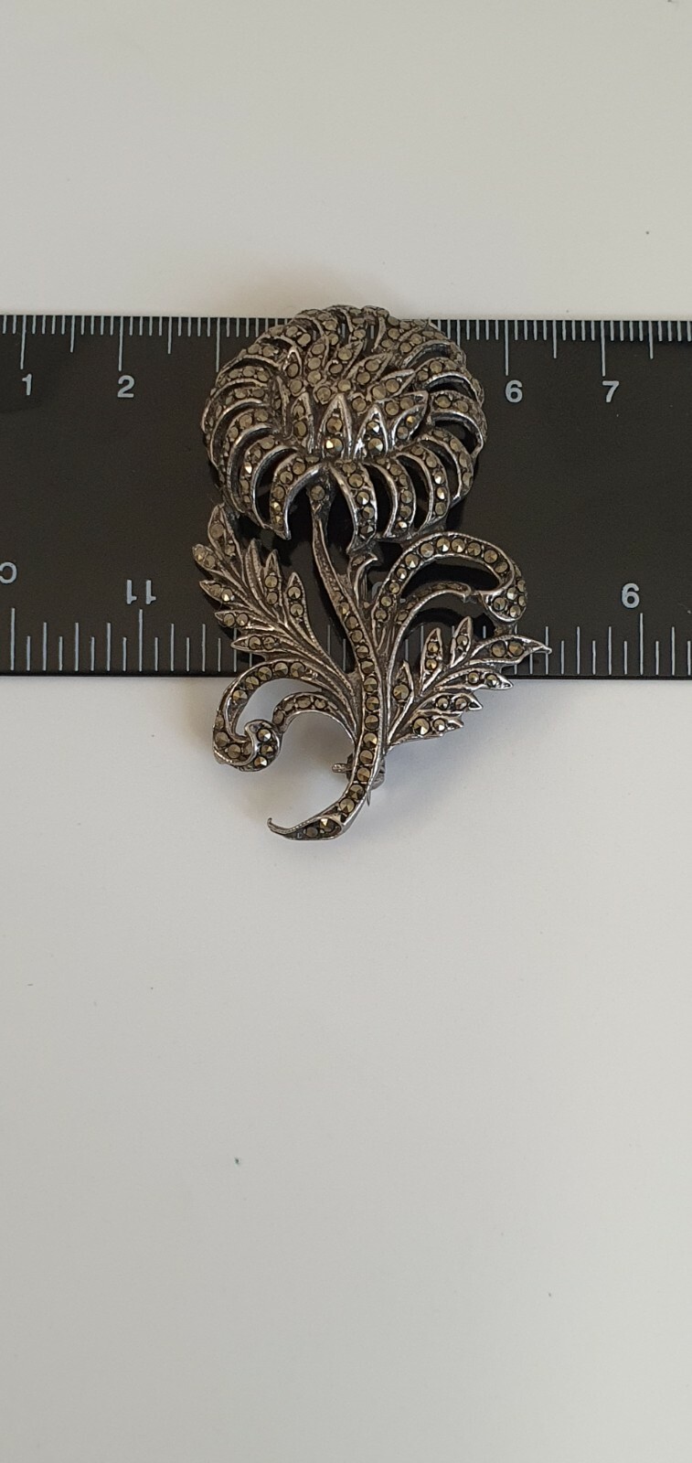 Photo 9 of Sterling Silver Brooch, flower With marcasite stones Hallmarked 1964, 16g BR33