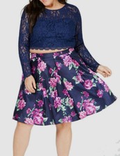 358 Sequin Hearts Women's Blue Floral Print Pleated Skirt Back Zipper Size 15