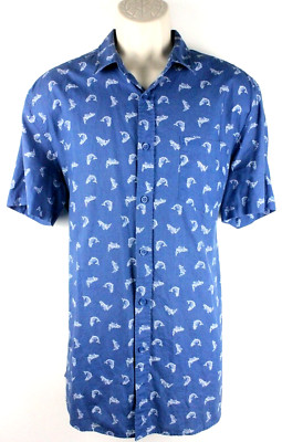 TOPMAN Mens Short Sleeve Button Front Shirt Sz XL Blue Fishes Print Cotton EUC