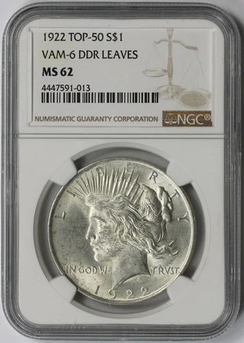 1922 VAM-6 DDR Leaves TOP-50 Peace Dollar $1 MS 62 NGC