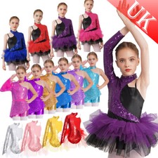UK Kid Girls Sequins Leotard Shorty Jumpsuit Mesh Dance Skirted Unitard Biketard