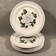 PV07244 Vintage 1950s Homer Laughlin Nautilus WHITE ROSE / GRAY BAND Dinner x8