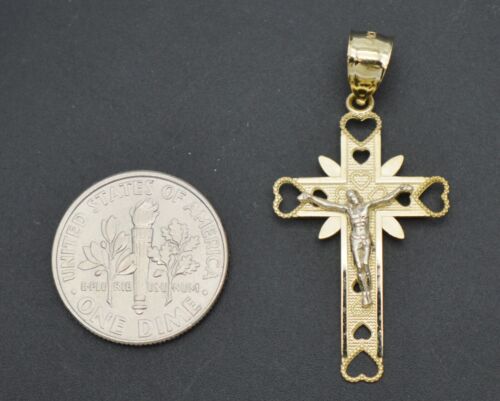 Real 10k Two Tone Solid Gold Shiny Jesus Cross Pendant 35.2mm 1.4gr - Picture 3 of 5
