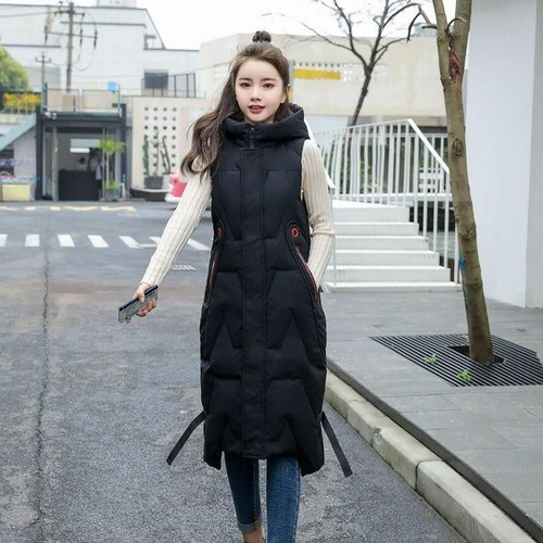 Winter Women Cotton Vest Jacket Sleeveless Hooded Coat Beige Long Waistcoat - Picture 9 of 11
