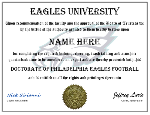 PHILADELPHIA EAGLES CUTOMIZED FAN CERTIFICATE, GREAT GIFT NFL FOOTBALL