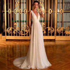 Boho White Ivory Wedding Dress V-Neck Sleeveless Satin Pearls A-Line Bridal Gown