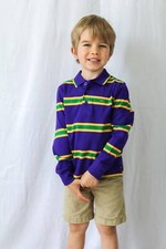Mardi Gras Kids Unisex Long Sleeve Purple Polo Shirt With Green and Gold Stripes