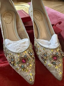 Rene Caovilla Pale Blue Mesh Rhinestone Kitten Heels 39.5