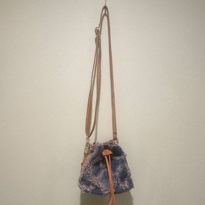 Blue and pink Denim and Leather Fringe Drawstring Bucket  Bag Gold Hardware