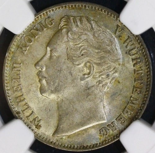 RARE 1862 German States: Württemberg. Wilhelm I 1/2 Gulden NGC MS62