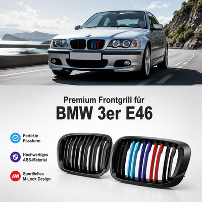 Doppelsteg Kühlergrill für BMW 3er E46 4 Tür 98-01 Nieren M-Farbe Glänz 2er Pack