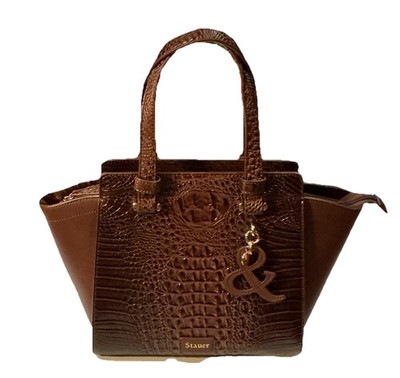Stauer Brown Crocodile Embossed Satchel Purse, Double Top Handles, Gold Accents