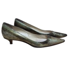 Jimmy Choo Metallic Snakeskin Kitten Heels Green Gold Pointed Toe Pumps 36.5
