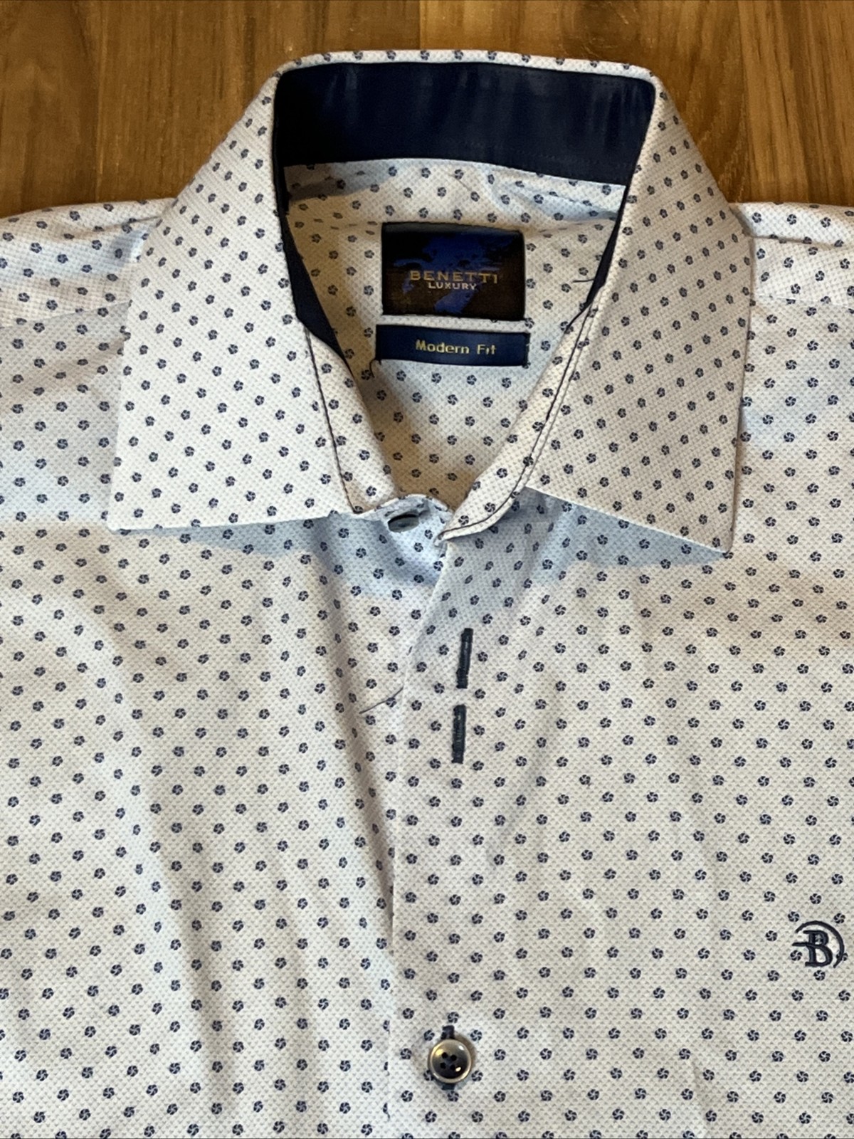 Benetti Modern Fit Shirt Men’s L Blue & White Geometric Print Flip Cuff