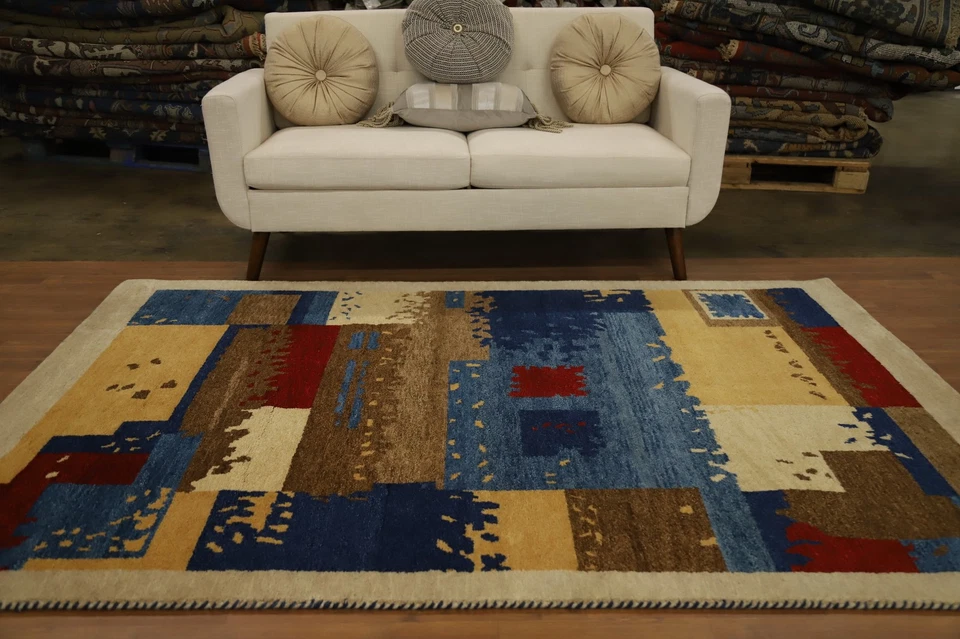 Alfombra moderna de retazos 5x8 pies alfombra india de lana anudada a mano Foto 3 de 4