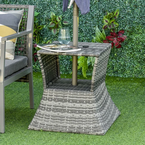 Outsunny Rattan Wicker Tea Coffee Table w/ Umbrella Hole and Storage Space Grey - Picture 3 of 10