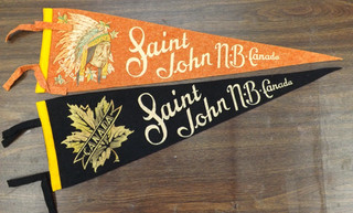 2 VINTAGE 1950s ST. JOHN NEW BRUNSWICK CANADA PENNANT BANNER FLAG 22"