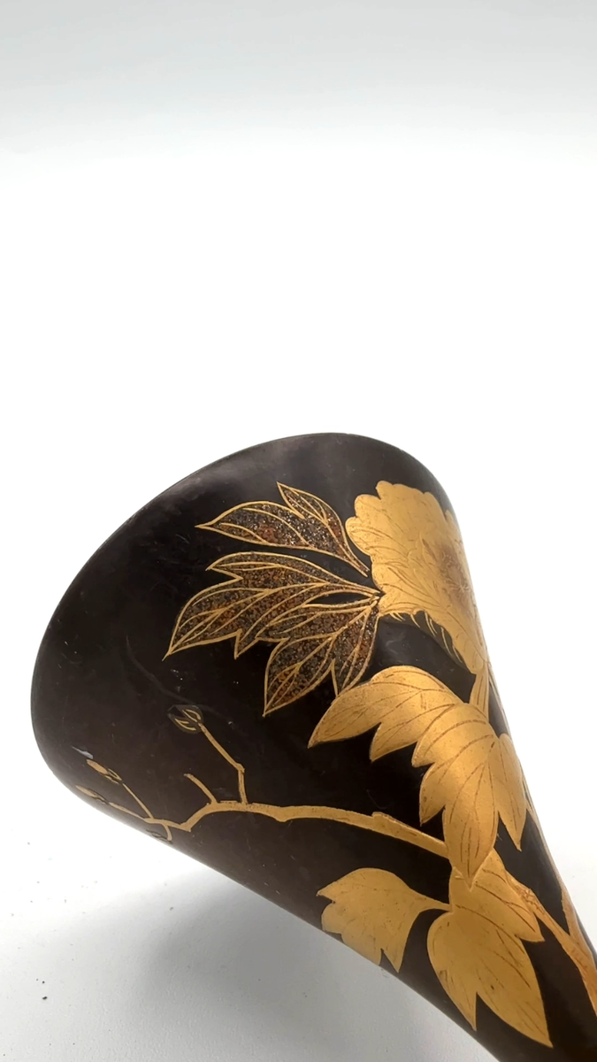 Vintage Japanese Lacquerware Stemmed Cup Brown Gold Flower Peony
