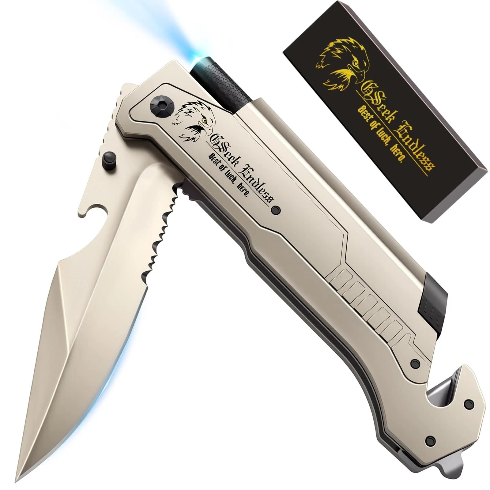 7-in-1 Multitool Folding Pocket Knife - EDC Survival Knife with LED Light, Se...