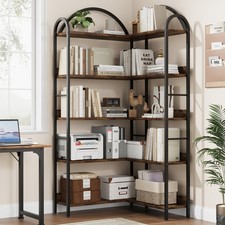 5-Tier L-Shaped Corner Bookshelf Bookcase with Arched Metal Frame Storage Shelve