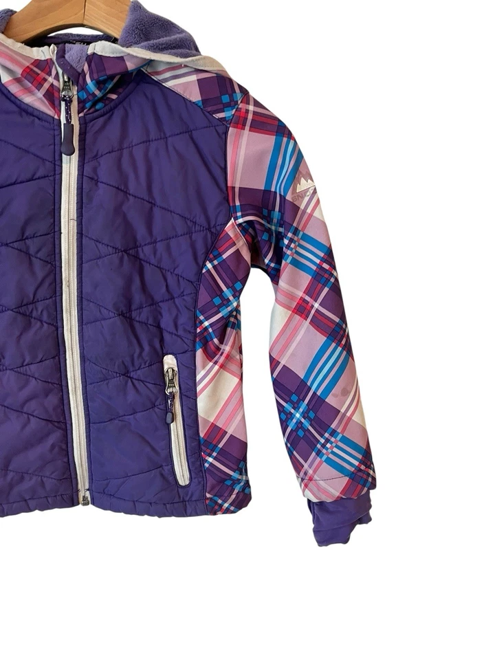 Snozu Puffer 夹克外套女孩 XS 5-6 紫色粉色白色羊毛衬里连帽 — 第 3/4 张图片