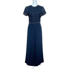 Carolina Herrera Vintage Sz 6 Blue Beaded Sequin Silk Chiffon Long Formal Dress
