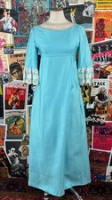 Vtg 60s Blue White Lace Boatneck Empire Waist Bow Cape Lorrie Deb Maxi Dress