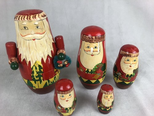 Santa Claus Set Of 5 Wooden Nesting Dolls Hand Painted Folk Art - Picture 12 of 12