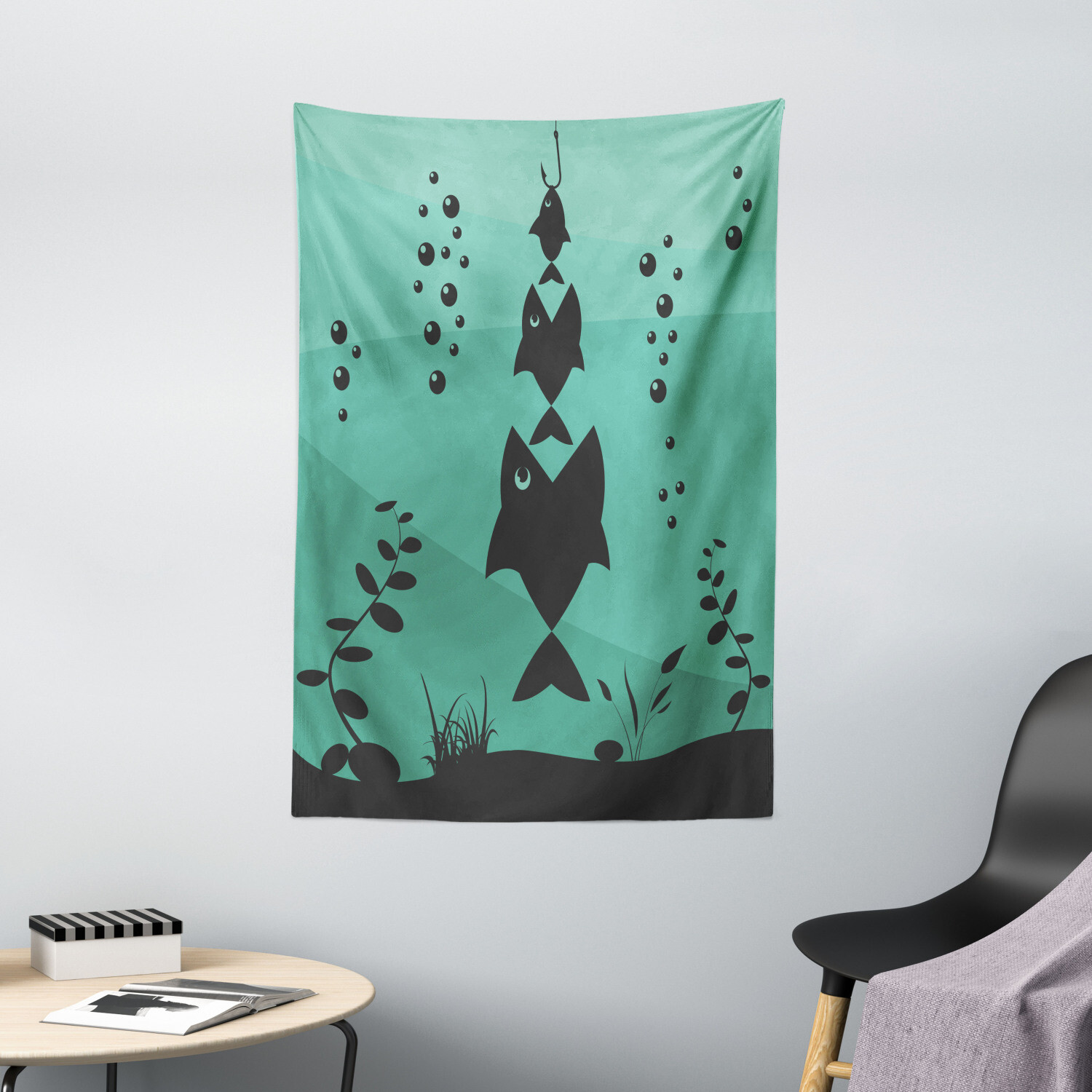 Teal Tapestry Underwater Life Themed Print Wall Hanging Decor