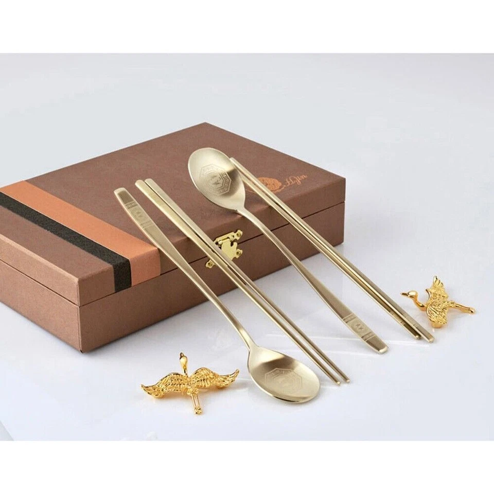 Silk Twin Crane Titanium Gold Korean Spoon Chopsticks Set / Elegant Gift - Image 2 of 4