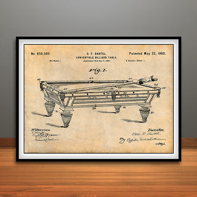 1897 Convertible Billiard Table Patent Print Art Drawing Poster