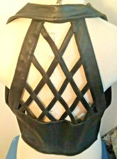 Faux Leather vest women's sz M L black zip back lattice Laughlin pins biker top