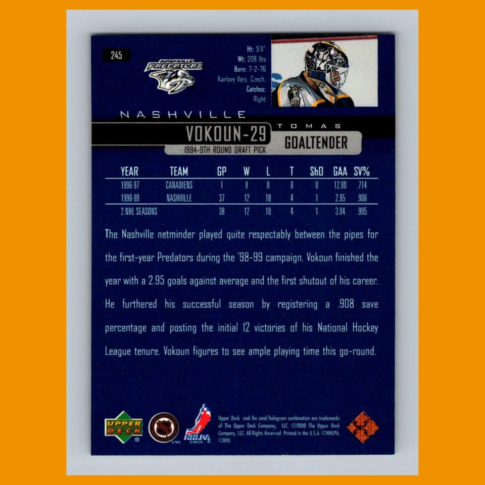 Tomas Vokoun #245 1999 Upper Deck Nashville Predators Hockey Card NHL NM - Image 2 of 3