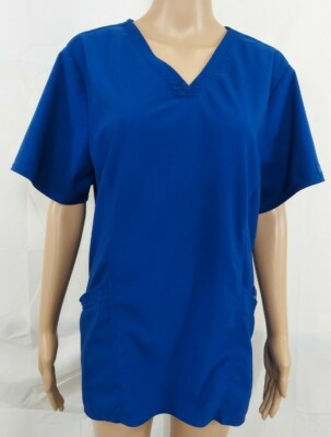 DICKIES Women Scrub Top Size Large Royal Blue V-Neck Short Sleeves 2% Spandex
