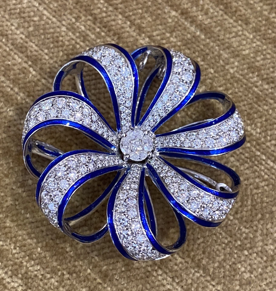 钻石和珐琅丝带圆形胸针/吊坠项链 18k 白金 - HM1871AA