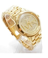 MICHAEL KORS RUNWAY GOLD TONE LOGO PAVE CRYSTALS DIAL MIDSIZED WATCH MK5852