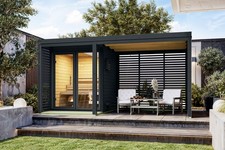 Saunahaus Gartensauna ARES 1 mit Anbaudach 454x276 Metall/Holz Hybrid Saunahaus