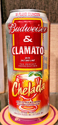2007 16 OUNCE ALUMINUM BUDWEISER & CLAMATO STAY TAB BEER CAN BACK SIDE SPANISH