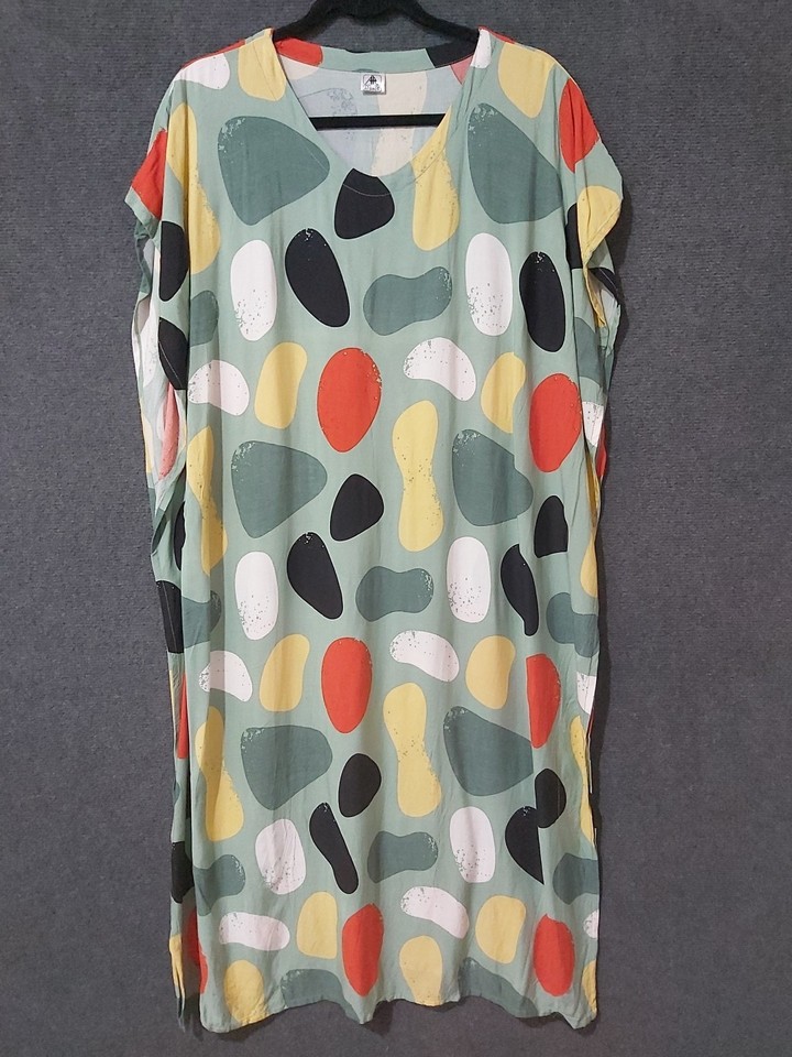 Arbaco Green Kaftan Dress Large Colour Spots Rayon Short Sleeve Made in Bali